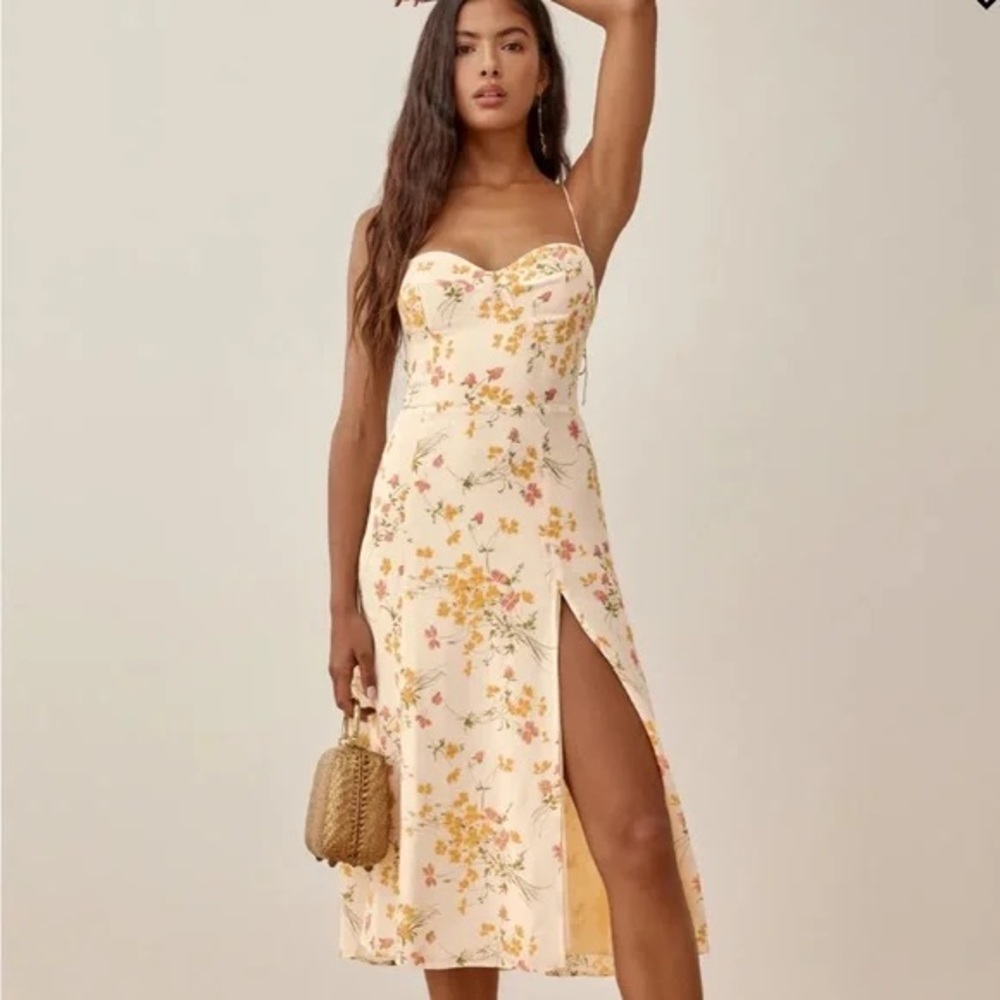 Reformation Yellow Midi Juliette Dress with Sweetheart Neckline